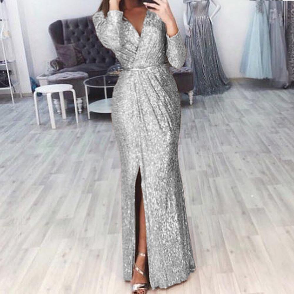 Sparkling Crystal V-Neck Evening Gown - Elegant Luxury Banquet & Performance Dress