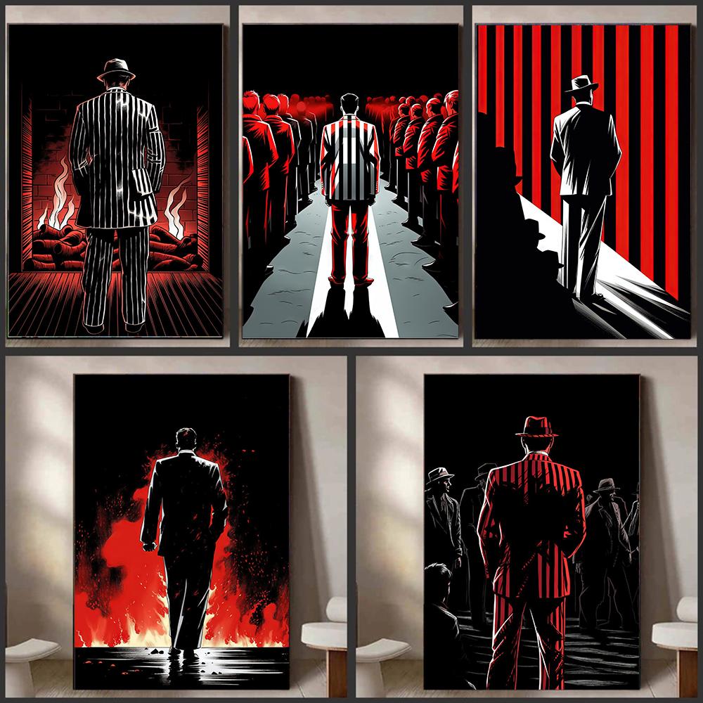Mysterious Elegance Man Canvas Painting Red Suit Against Black Background Art Graffiti Poster Prints Modern Living Room Home Office Pictures Decor