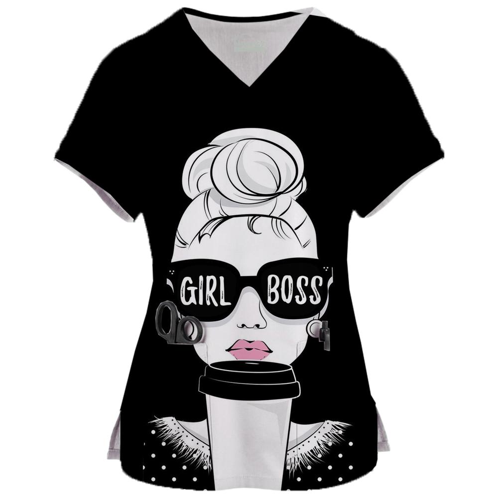 

Print Scrubs Top Women with Pockets V-Neck Scrub Uniforms Pet Grooming Nurse Spa Caring Shirt Uniformes De Enfermería Para Mujer S