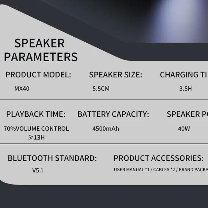 Portable Speaker,Wireless Bluetooth Speaker,IPX7 Waterproof, 40W Loud Stereo Sound,13H+ Playtime with Lights, for Home Outdoor