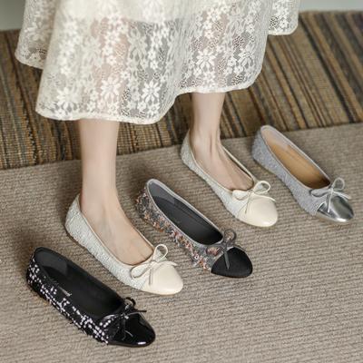 Fashion Comfortable Ladies Shoes Xiaoxiangfeng Ballet Flat Bottom Casual Single Shoe Women's 2024 New Lambskin Round Head Splice Bow