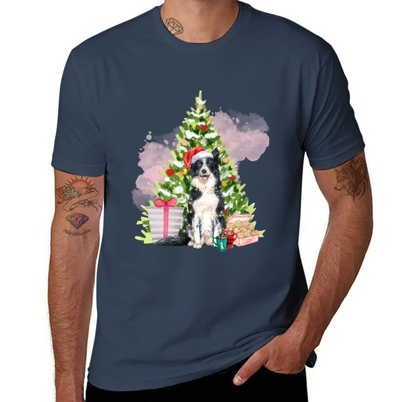 Border Collie Christmas Border Collie With Christmas Tree And Gifts TShirt Festive Simple TShirt S