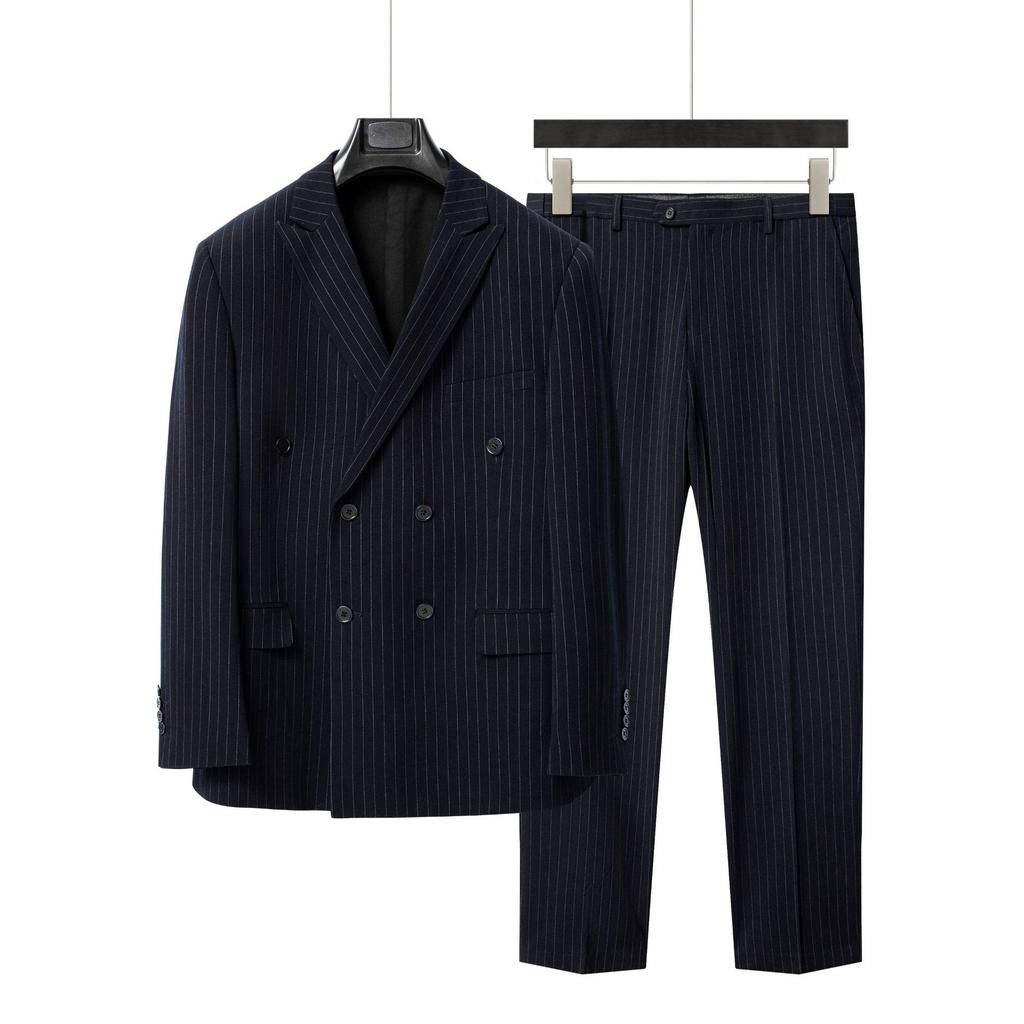 Men's Double-Breasted Striped Stretch Suit Set, Loose Fit, Plus Size for Big & Tall, Perfect for Weddings.