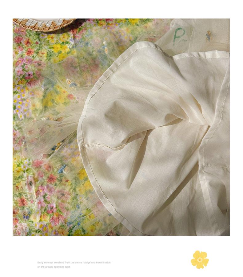 Girls' Flower Embroidered Tulle Dress: Summer Style with Puff Sleeves and Net Yarn Skirt