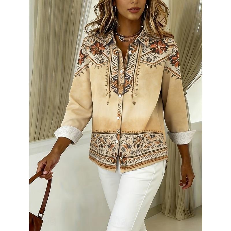 Damen Hemden Hemd Patchwork Knopf Druck Grafik Geometrisch Karriert Vintage Tropisch Alltag Langarm V-Ausschnitt Hemdkragen Langes Oberteil.