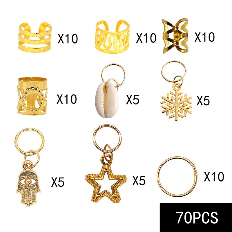 70Pcs Metal African Hair Rings Beads Cuffs Tubes Charms Dreadlock Braids Jewelry