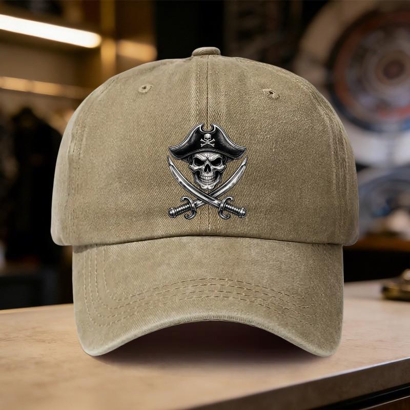 Pirate Skull Swords Graphic Washed Cotton Baseball Cap Adjustable Unisex Street Style Hat