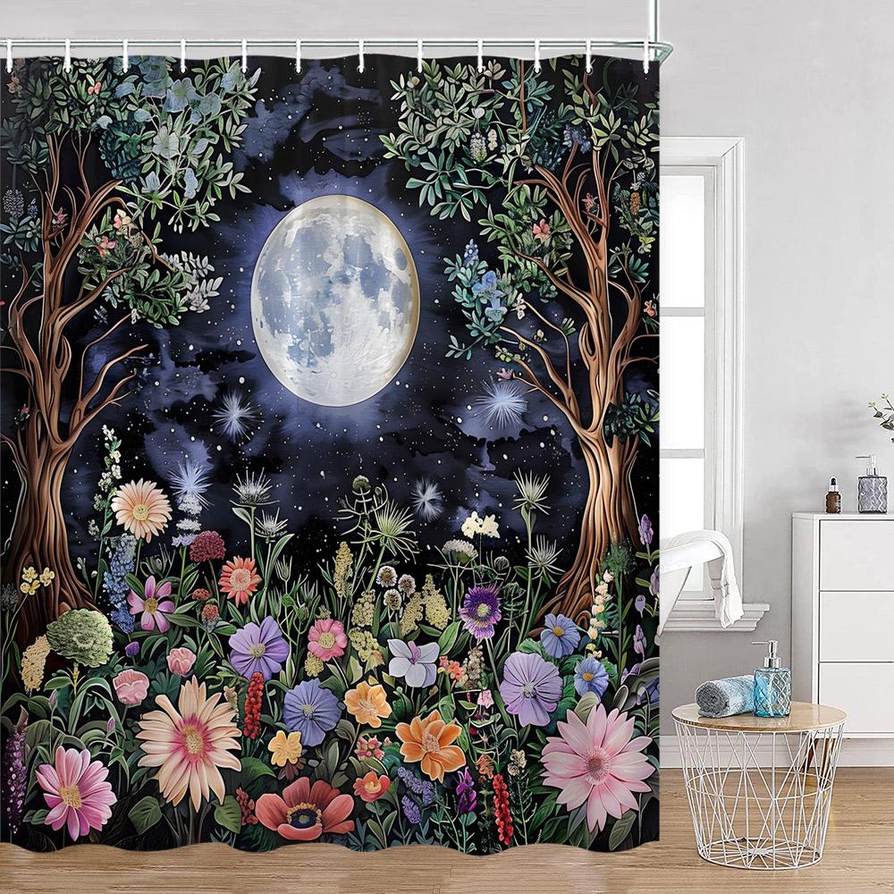 Astrologie Duschvorhang Sternenhimmel Vollmondnacht Grün Magische Pflanzen Pilz Badewannenvorhang Vintage Dunkles Badezimmerdekor Für Zuhause