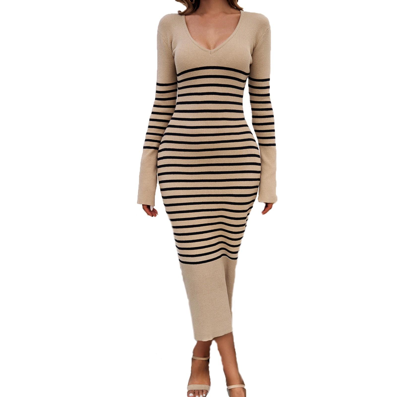 

Женское повседневное модное сексуальное удобное полосатое платье с длинным рукавом L верблюд