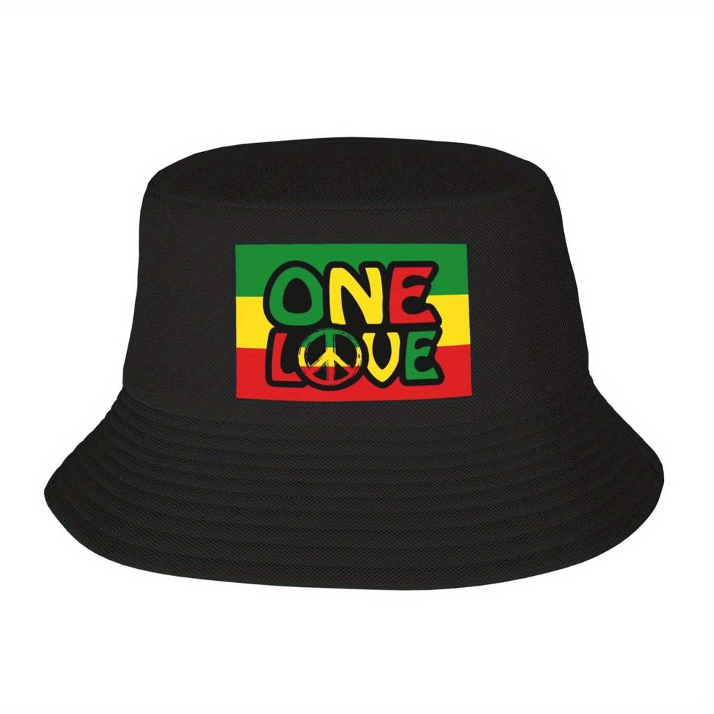 Individuelle ONE LOVE Reggae Friedenssymbol Eimerhut für Unisex Damen Druck Sommer Reise Strand Outdoor Angelmütze