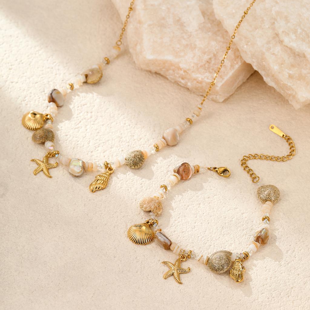 Vacation Ocean Style Summer Beach Bohemian Design Stainless Steel Necklace Women Bracelet Set