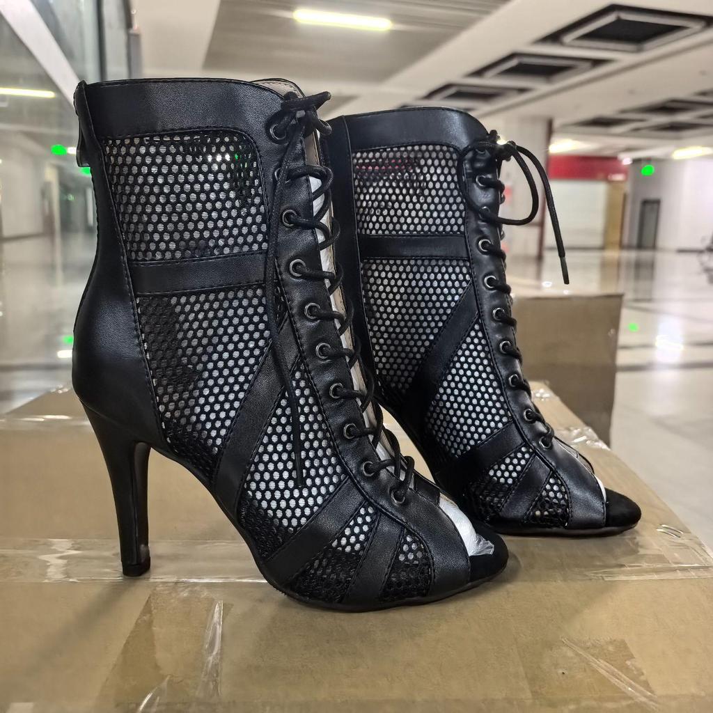 Dames Kant-up Mesh Hoge Hak Jazz Laarzen - Hol Ontwerp en Peep-Toe Dansschoenen, Ook Verkrijgbaar in Grote Maten.