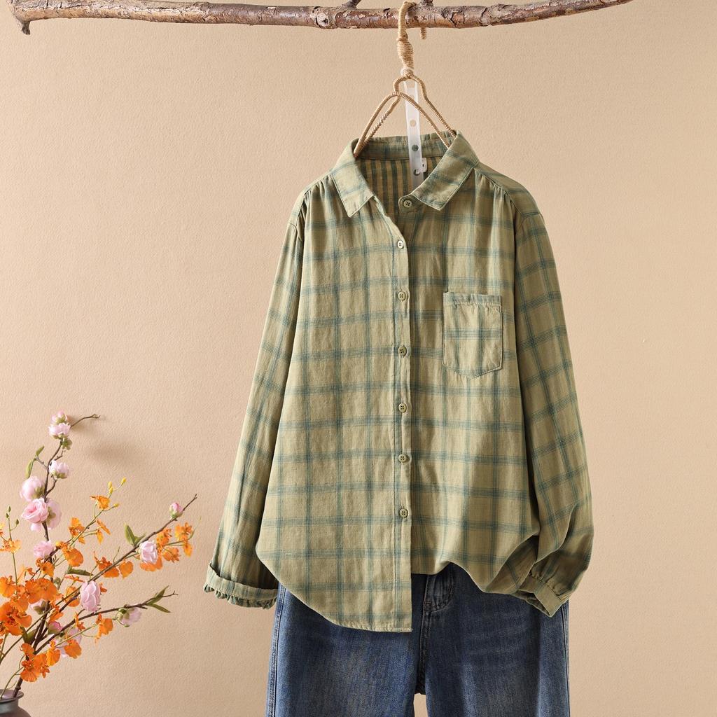 Women's Long Sleeve Japanese Style Plaid Shirt - Double-layer, Skin-friendly, Breathable Pure Cotton