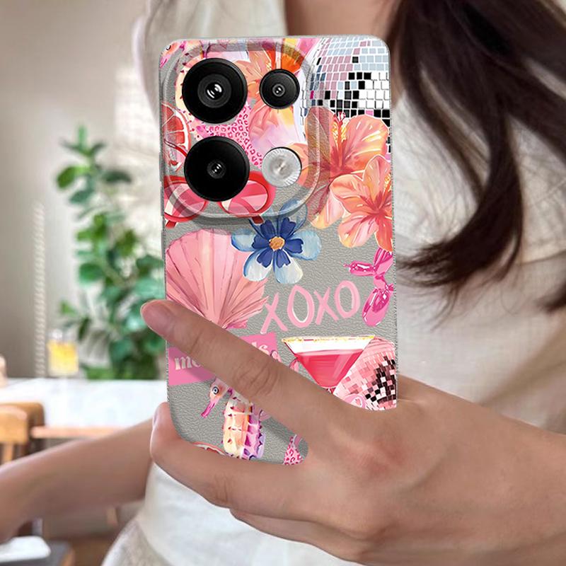 Pink Cartoon Pattern Floral Case Xiaomi 14T 13T 11T Pro Leather Texture Silicone Cover Funda For Redmi Note 14 13 Pro 4G 5G 12 11