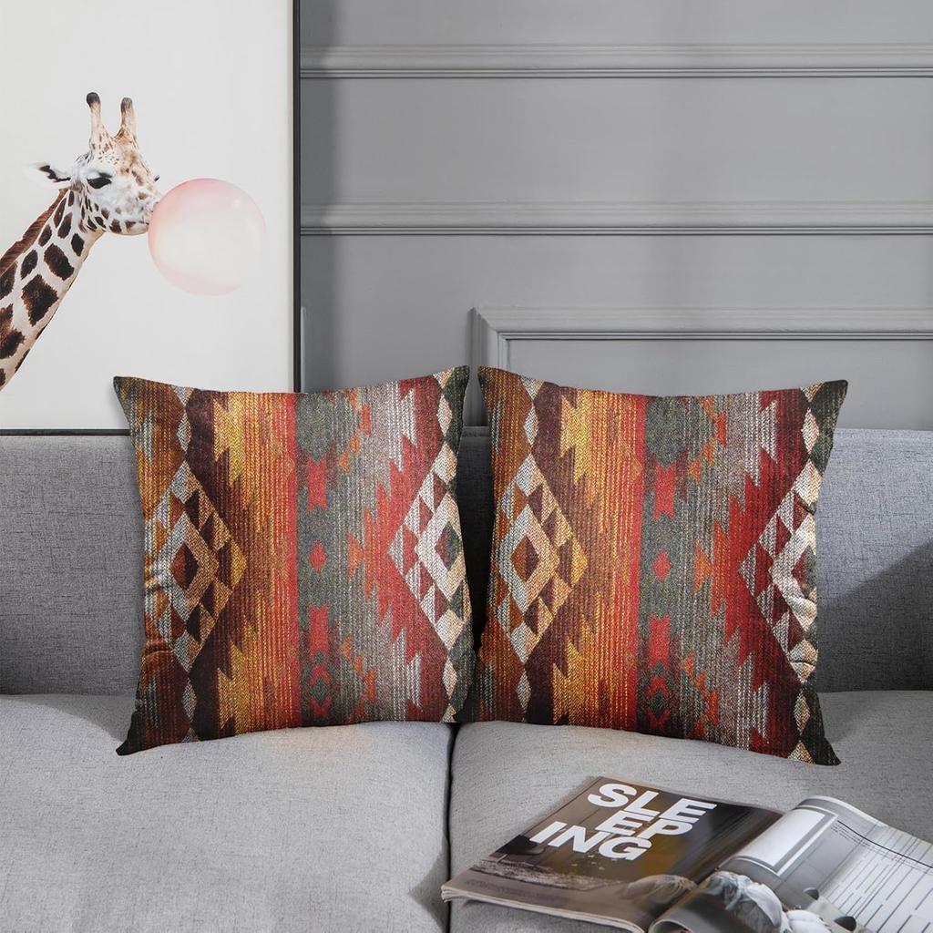 Emvency Set of 2 Aztec Throw Pillow Cover 18x18 Inches Decorative Pillowcase Navajo Orange Red Grey Tribal Decor Rectangle Pillow Cover with Hidden