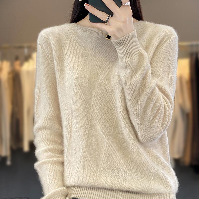 Maglione da donna in lana Autunno/Inverno - Pullover a girocollo lavorazione jacquard a rombi