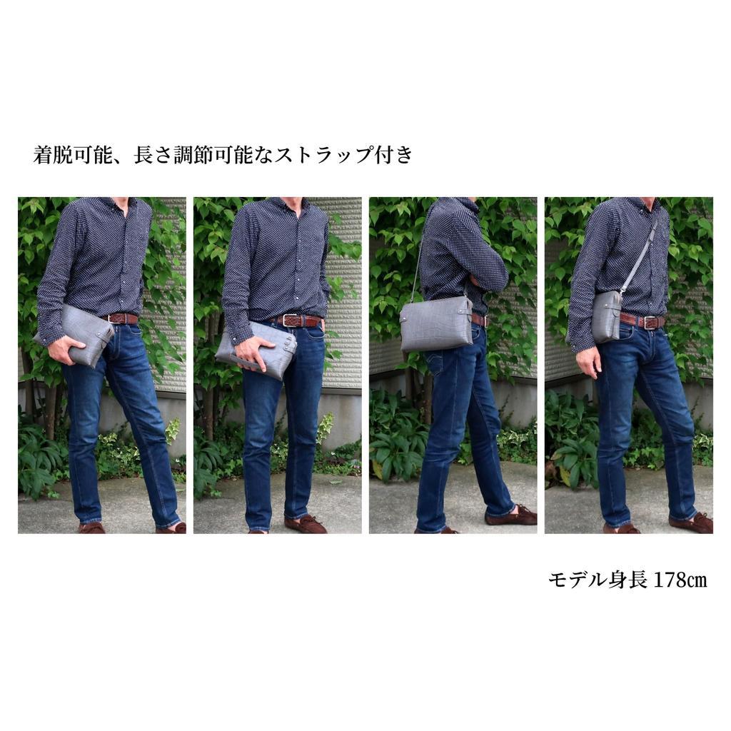 COXSWAIN Men's Crocodile Embossed Leather Clutch Bag In Gray with Strap, CW1605CS GRAY, Made In Japan