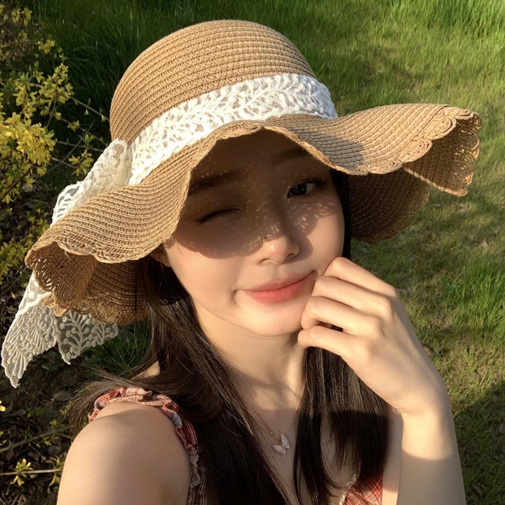 French Style Lace Bow Straw Hat Big Brim Women's Sun Hat Elegant Beach Straw Hat  Girls