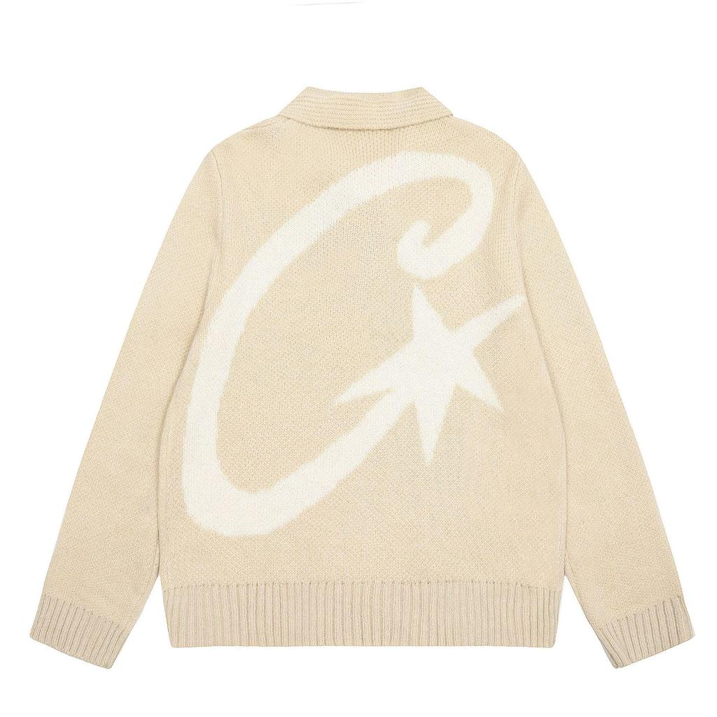 Pulover Tricotat Corteiz Alcatraz Unisex Bej cu Guler de Blană