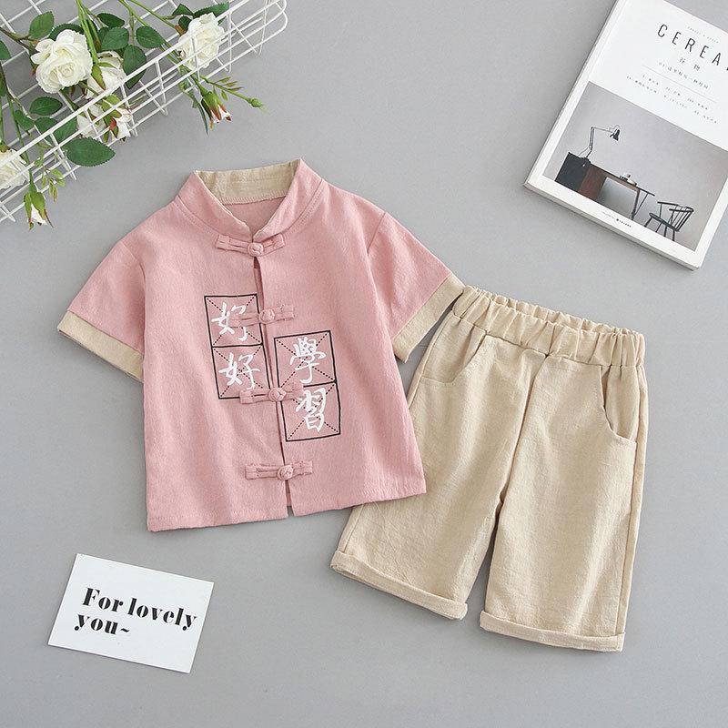 Completo Estivo da Ragazzo a Maniche Corte Stile Cinese per Bambini Hanbok Bello Completo Tang Cotone Lino Sezione Sottile di Abbigliamento Antico
