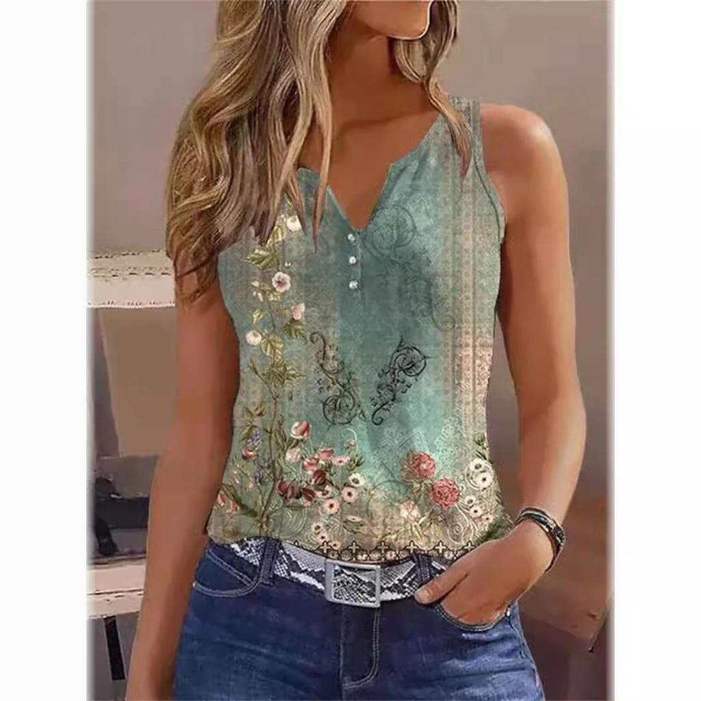 Spring and Summer Women's Printed V-Neck Vest T-Shirt Casual Suspender Top