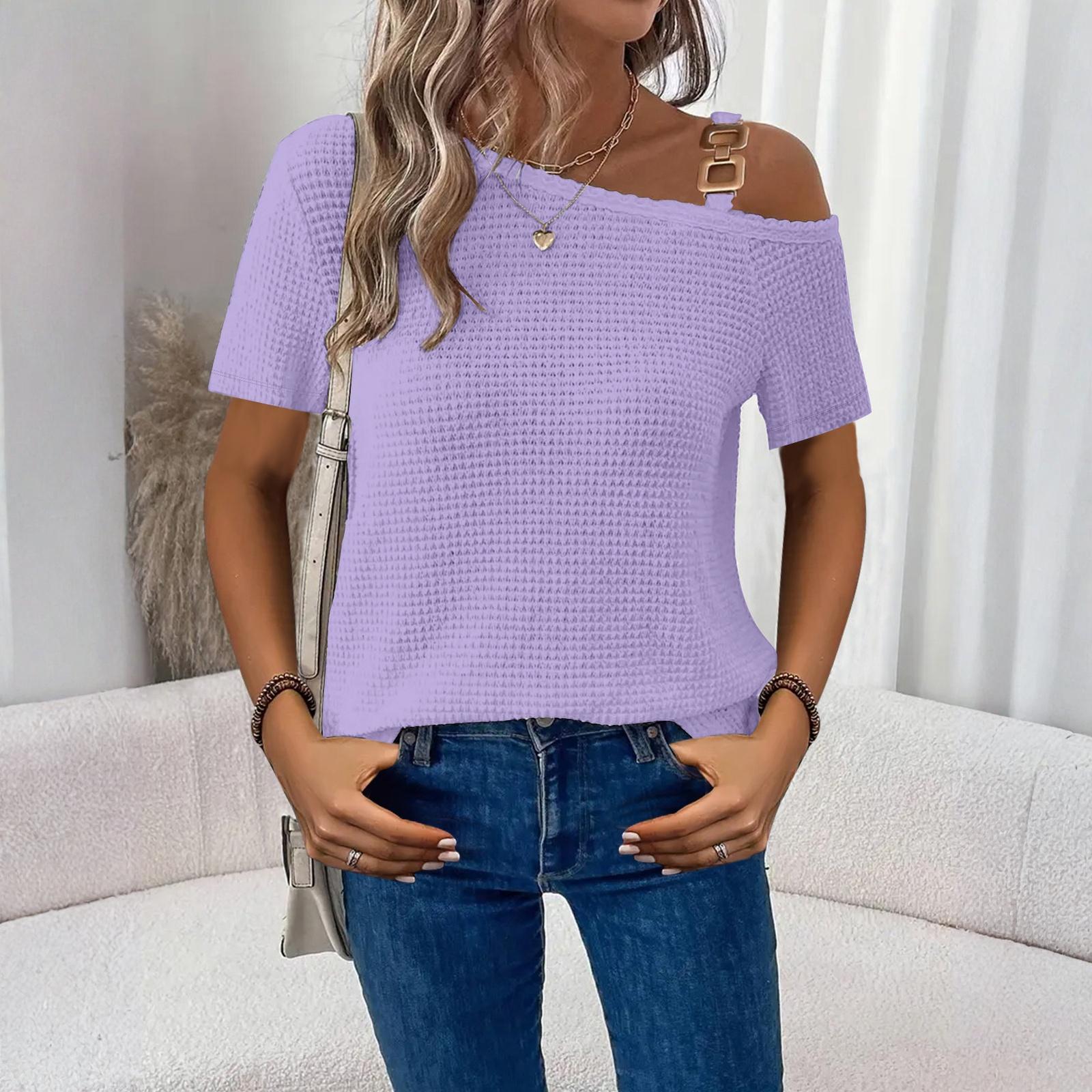 

Women Short Sleeve Tops R Neck Collar Blouses Business Casual S фіолетовий