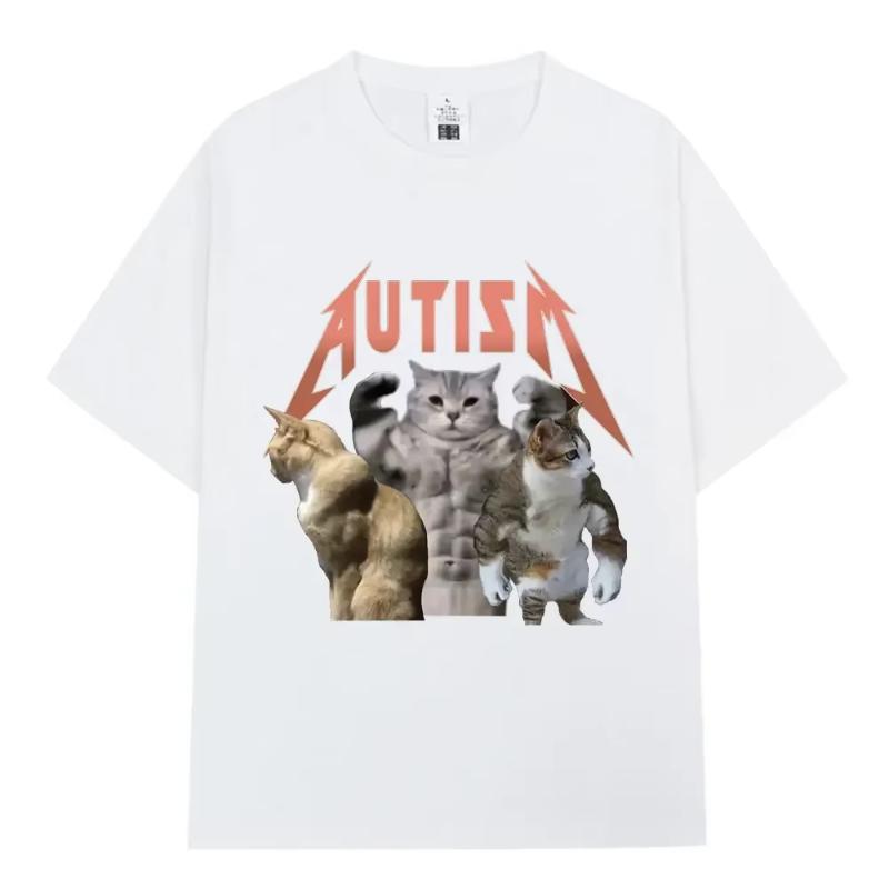 2025 Summer and Autumn Fitness Cat Autism Print T-shirt Loose and Casual Short-sleeved Trendy Top for Men and Women