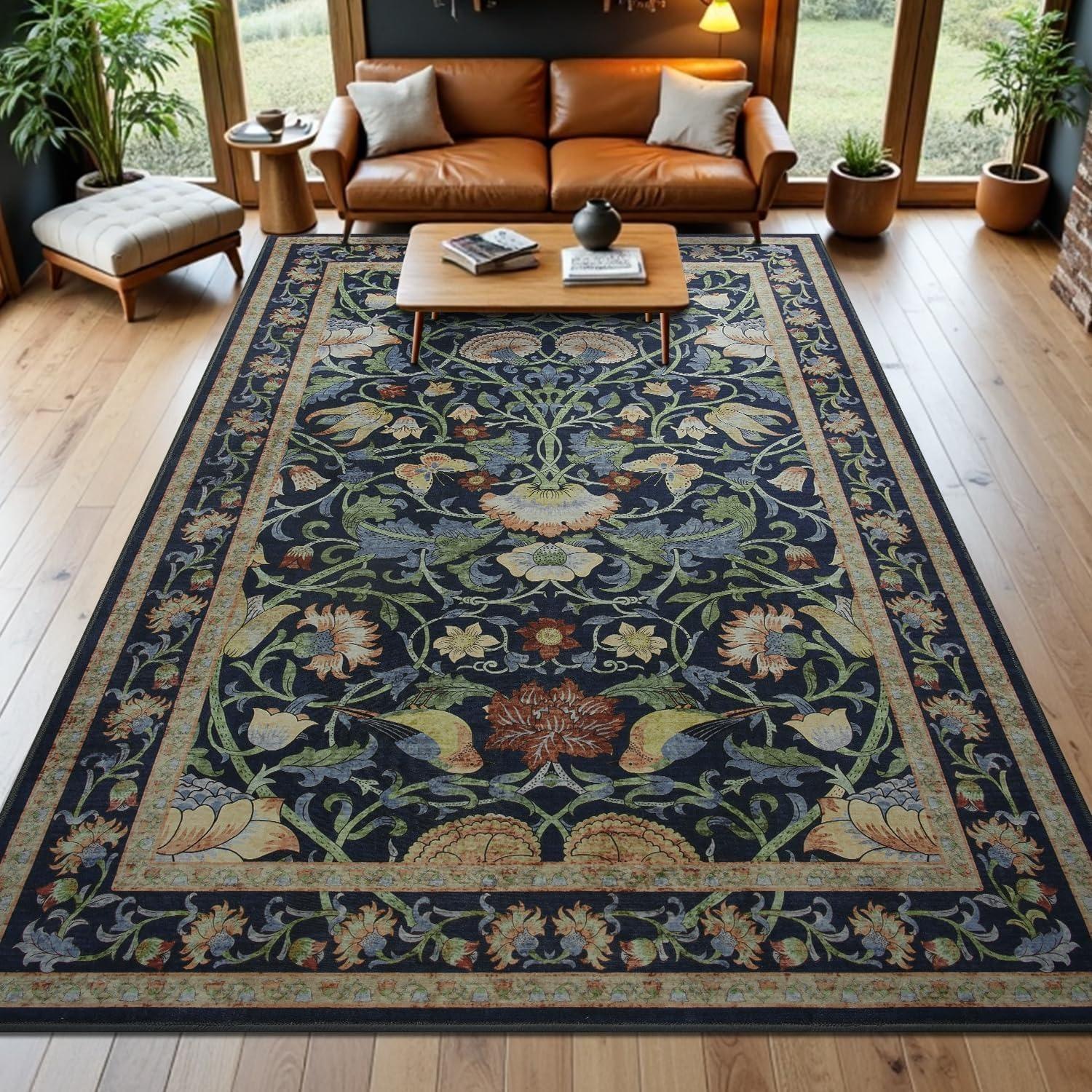 

Nordic Style Living Room Carpet Retro Flower and Bird Print Bedroom Rugs Fashionable Foldable Machine Washable Coffee Table Mats 50x80cm (19x31inch)