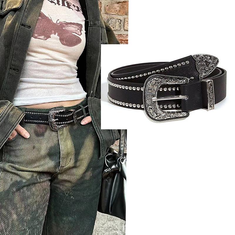 Rivet Hollow Bullet Decoration Belt  Leather Studded Goth Rock Wild Adjustable Women Punk Black Belt