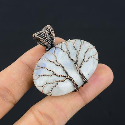 Regalo di gioielli con ciondolo fatto a mano con doppio albero della vita in pietra di luna con pietra preziosa e filo di rame