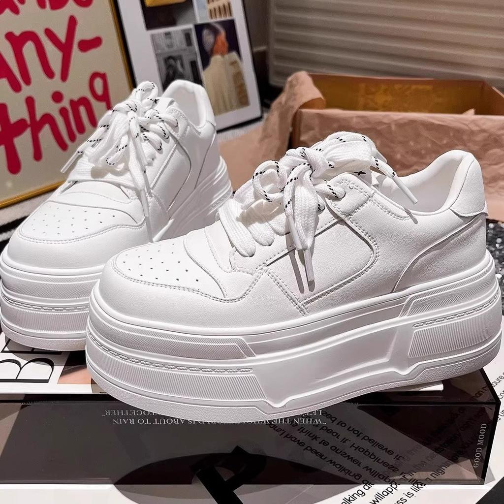 Korean version leather lace-up thick-soled muffin 6cm small casual shoes board shoes versatile ultra-light soles large white shoes women's shoes