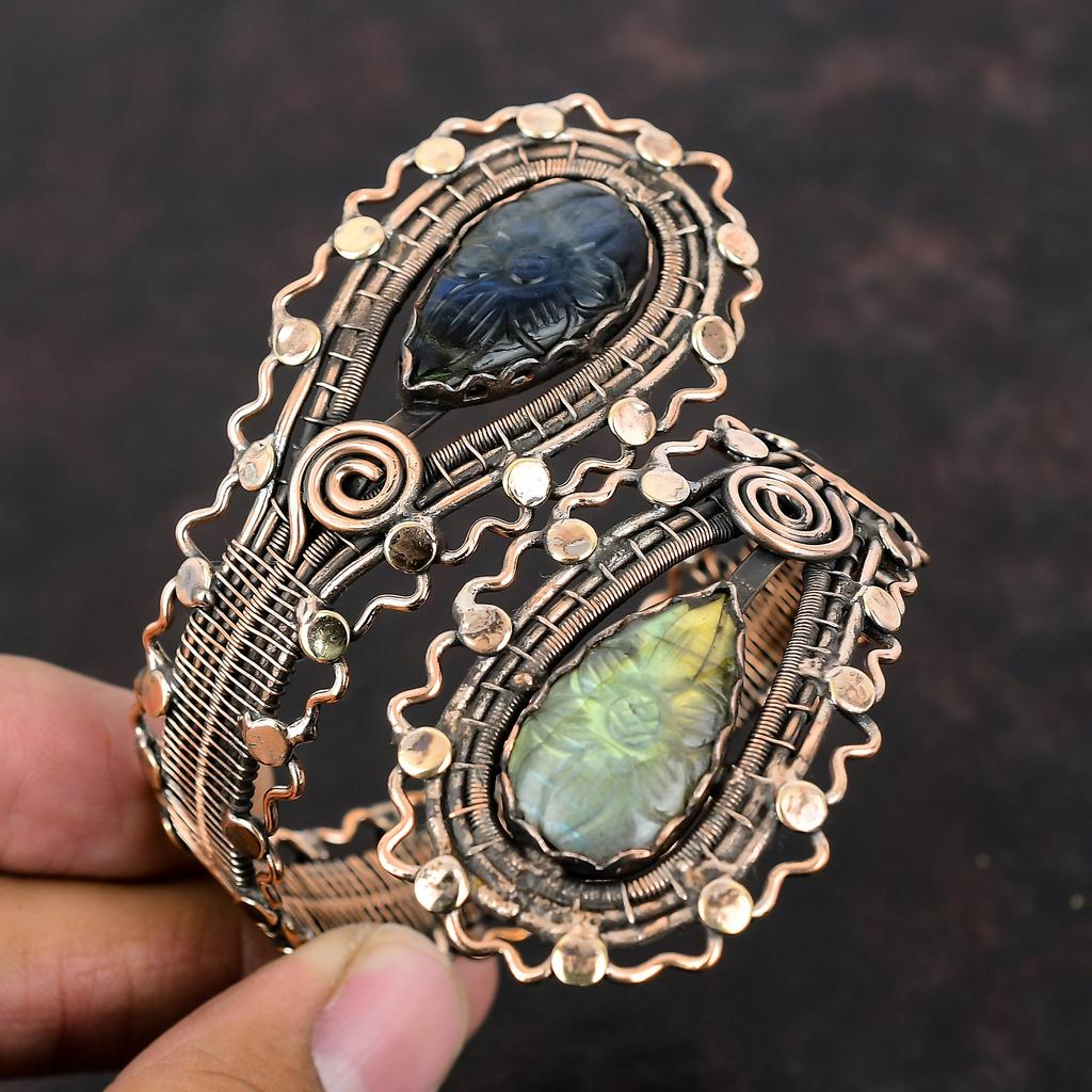 Carved Labradorite Bangle Copper Wire Wrapped Cuff Bracelet Adjustable Bangle Gemstone Cuff Bracelet Copper Handmade Jewelry Gift For Mother