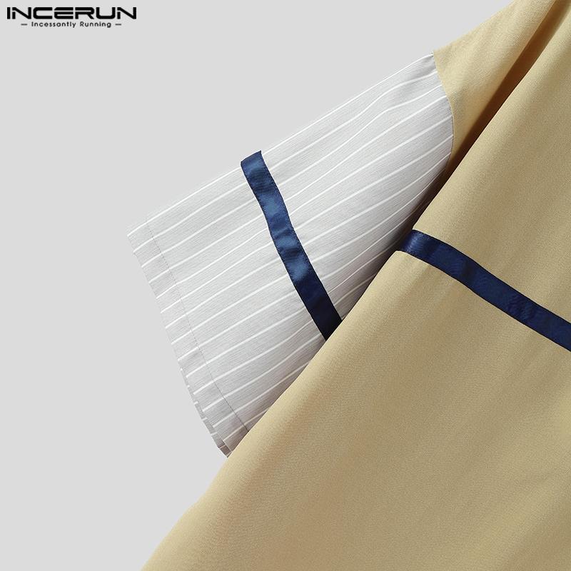 INCERUN Oversized Men Casual Loose Half Sleeve Stitching Striped Shirts
