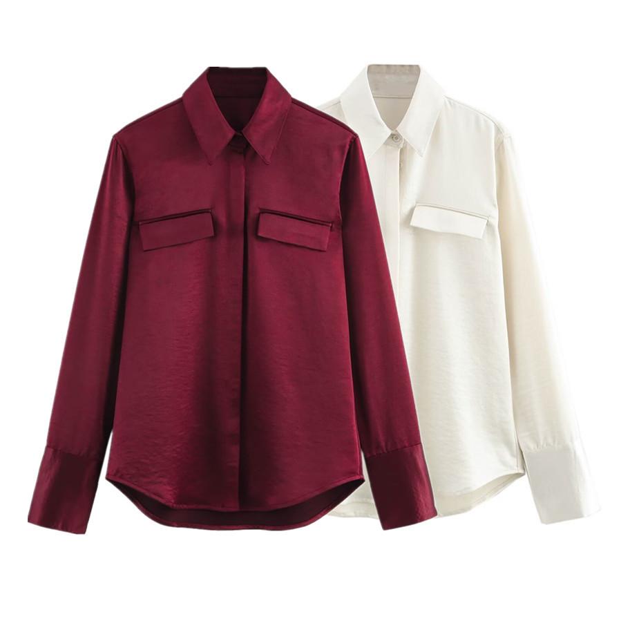 

2025 Spring Women s Elegant Loose Silk Satin Shirt with Pocket Decor Small