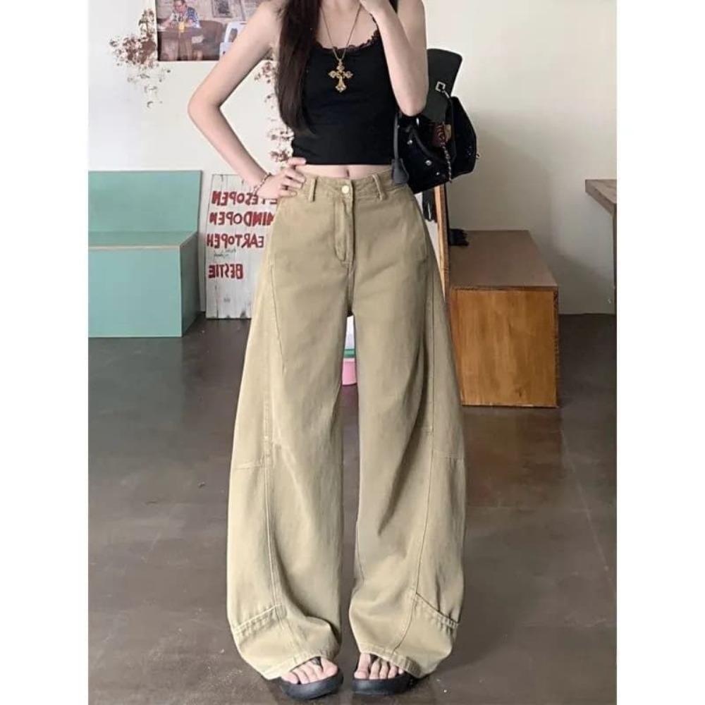 Women's High Rise Barrel Leg Pants Loose Fit Vintage Khaki Washed Denim Jeans Summer Floor Length Wide Leg Trousers