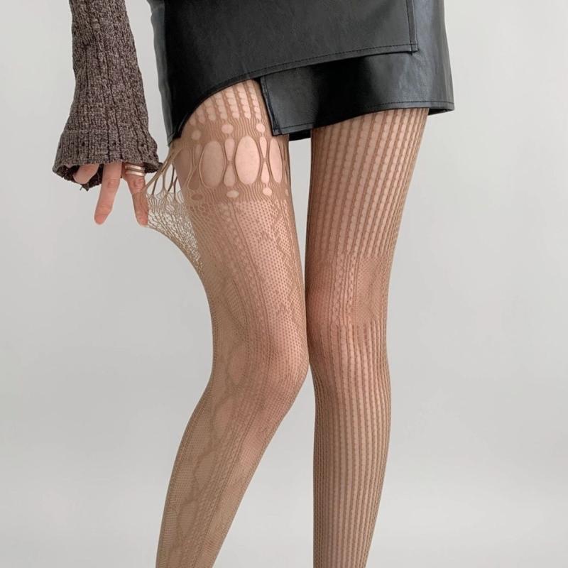 Women's Aesthetic Irregular Fishnet Tights Hollowed Mesh Stockings Heart Striped Patterned Lace Sheer Pantyhose Lingerie