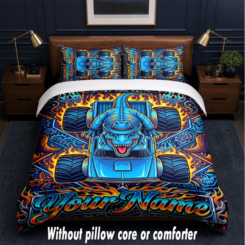 Car Theme Custom Text Or Name 3Pcs Bedding Set,1 Flat Sheet & 2 Pillowcases Personalized Home Bedding