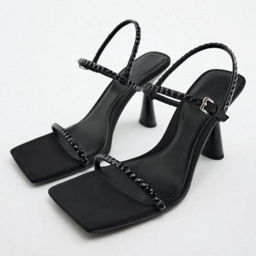 Fashion Sexy High Heel Sandals Women Pointed Toe Rhinestone Strap Black