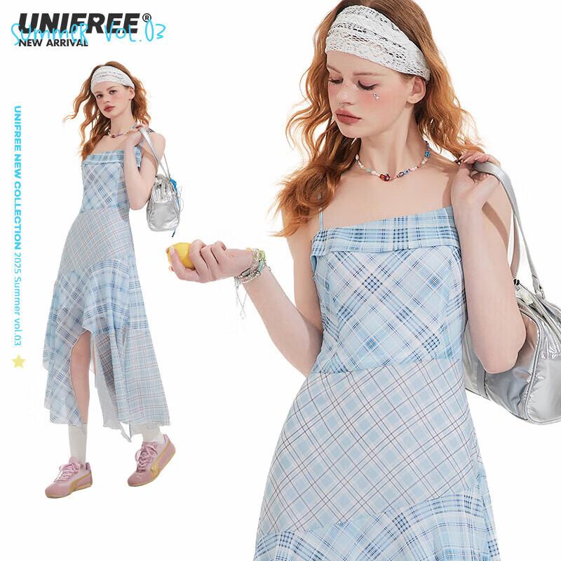 UNIFREE Blue Chiffon Camisole Dress with Plaid Patchwork