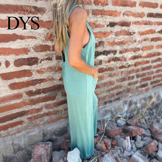 Suspenders Jumpsuit Summer Women V Neck Sleeveless Loose Wide Leg Button Decor Pure Color Deep Crotch with Side Pockets Casual Vacation Homewear