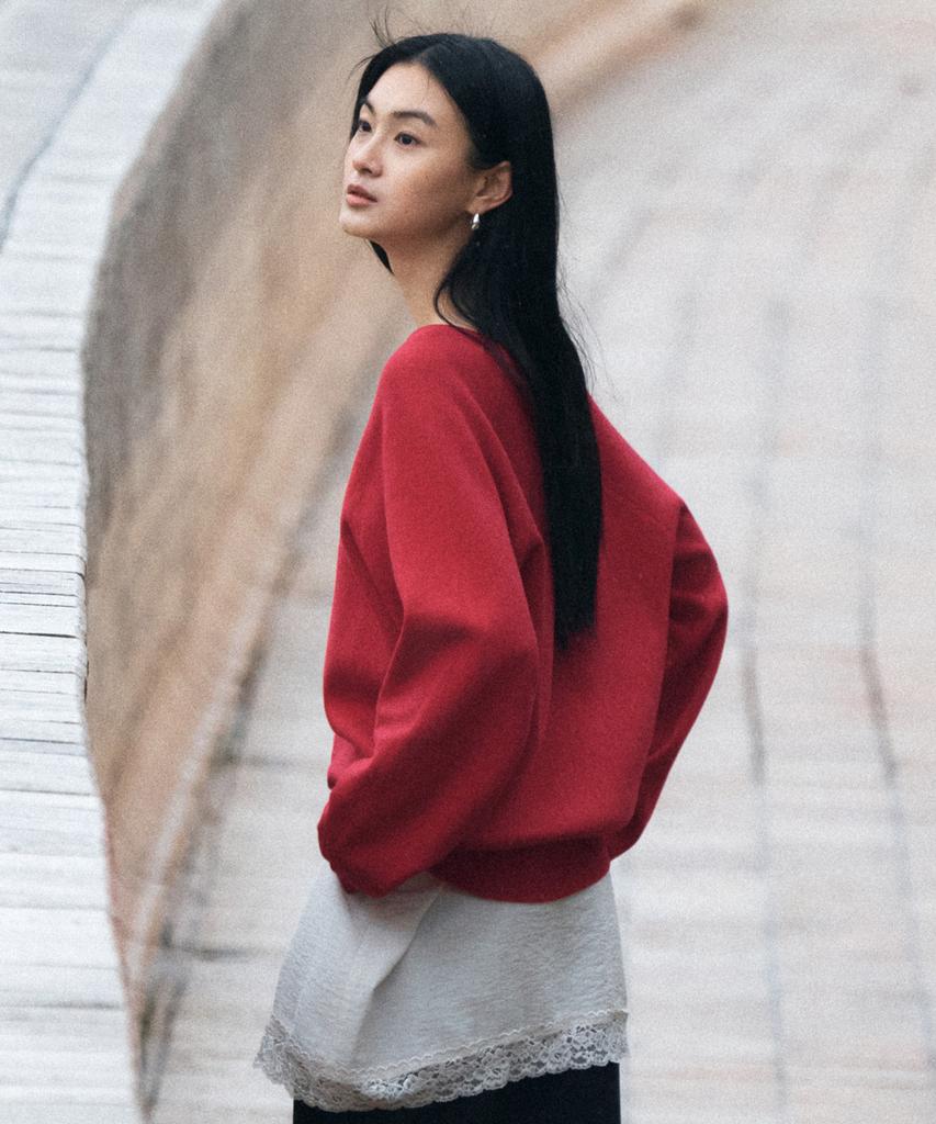 Siyajyu Sikn2181 Balloon V-Neck Loose Fit Knit_Red
