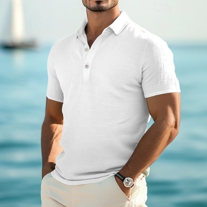 Summer men s casual button-down loose T-shirt linen solid color POLO shirt S