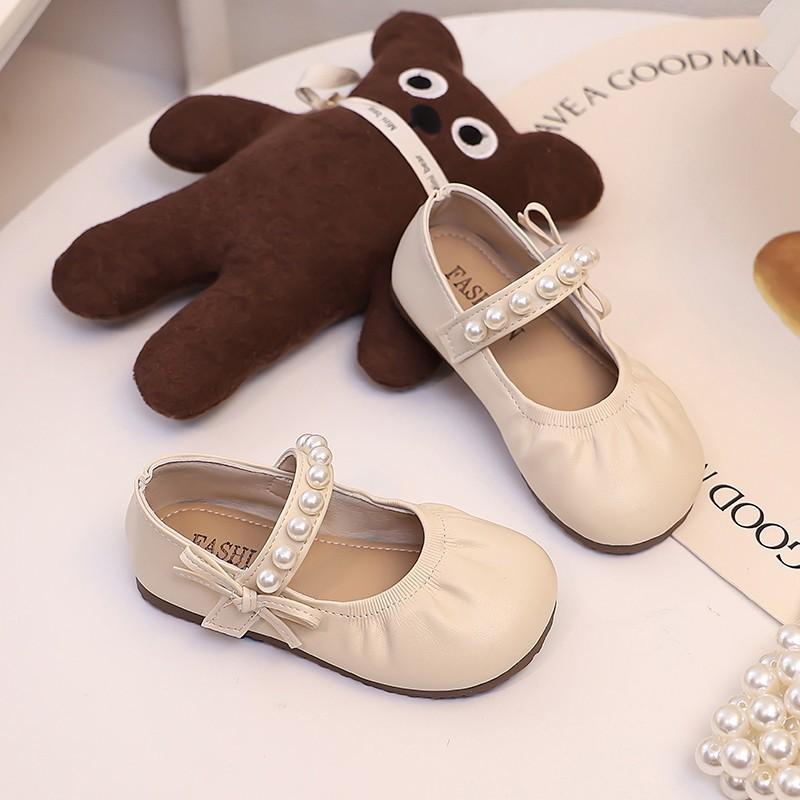 Korean version of girls' small leather shoes, spring and autumn 2025 new soft-soled children's pearl princess shoes, retro Mary Jane single shoes