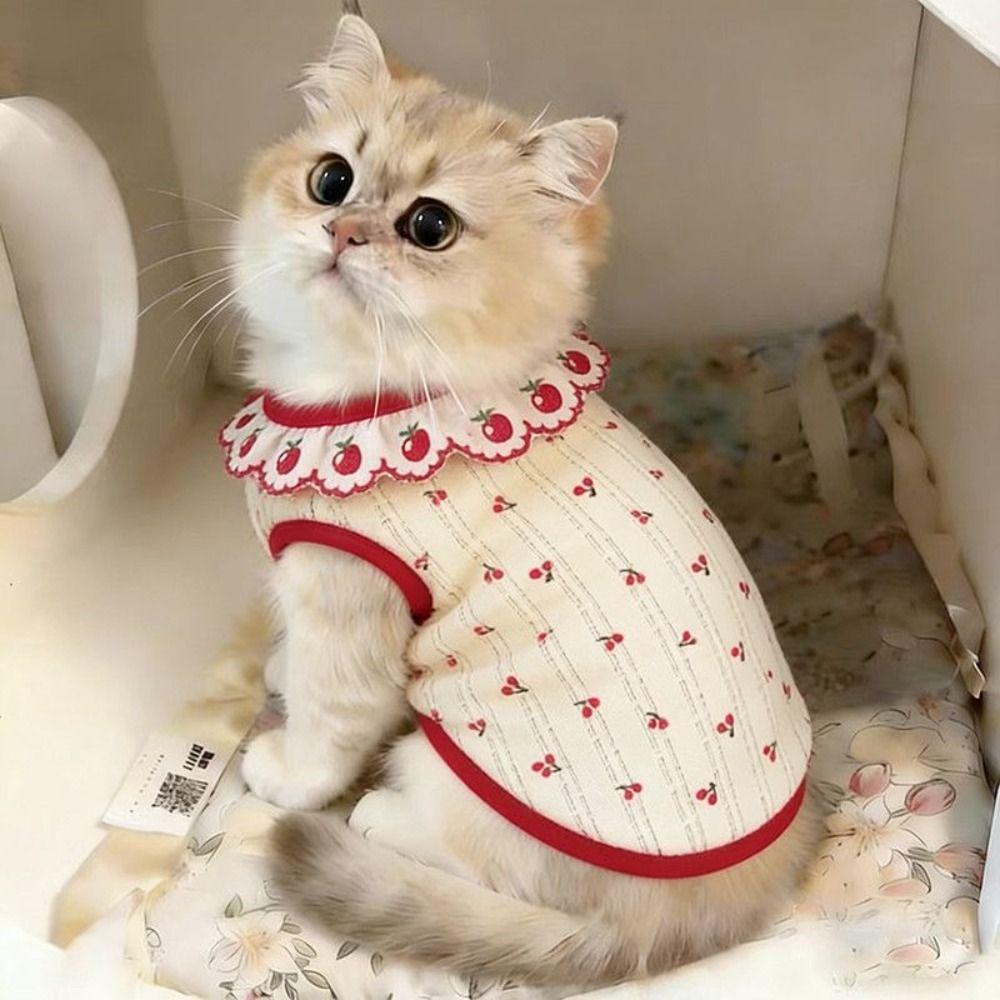 Sweet Cat Pullover Cherry Pattern Pet Shirt Cute Cat Flower Edge Vest Pet Clothing