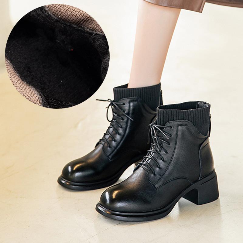 

Johnature Winter New Натуральная кожа Сращивание Вязаные толстые каблуки Короткие сапоги Универсальные плюшевые теплые женские сапоги 40 чёрный