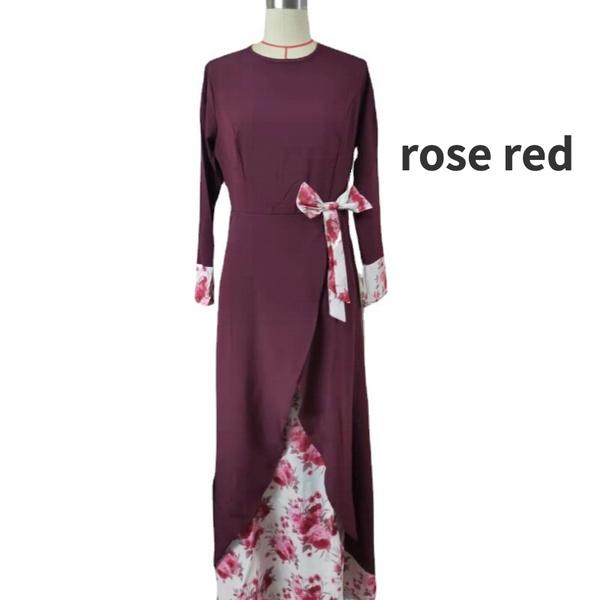 Muslimisches Kleid für Damen, O-Ausschnitt, volle Ärmel, lässig, Herbst, Blumenbogen, Abaya, islamische Dame, elegante Maxikleider