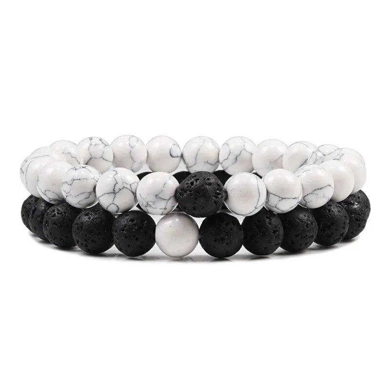 Sett Armbånd Par Avstand Svart Hvit Naturlig Lavastein Tiger Eye Beaded Yoga Armbånd for Menn Kvinner Elastisk tau Smykker