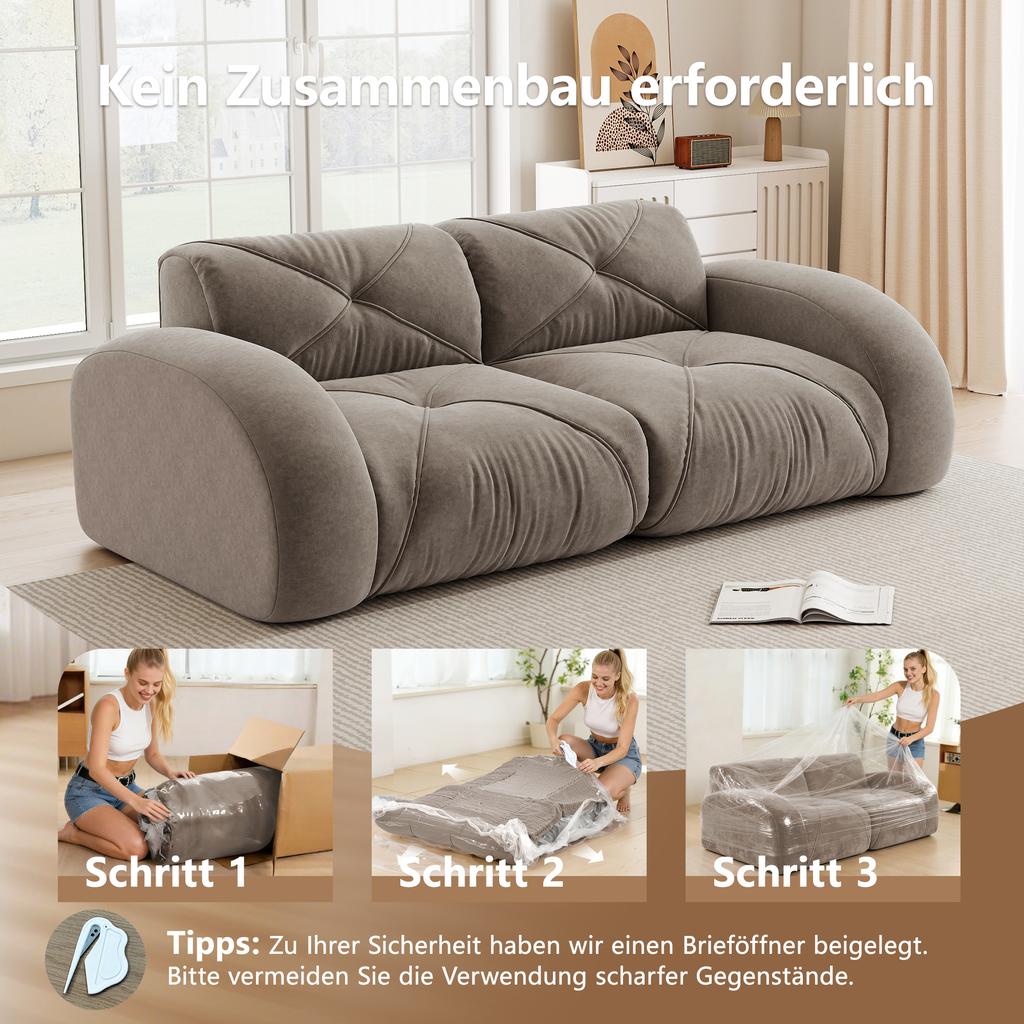 Frameless Modular 2-Seater Sofa, High-Density 32D Foam, Suitable for Living Room, Chenille Fabric, Non-Slip Design, No Assembly Required, Brown