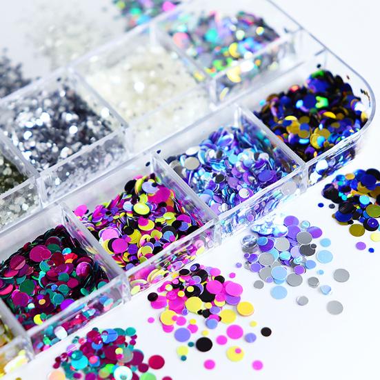 1 Box Round Glitter Nail Art Sequins 12 Grids Assorted Color Holographic Nail Charm Foils DIY Nail Design Crafts Manicure Decoration Accessories
