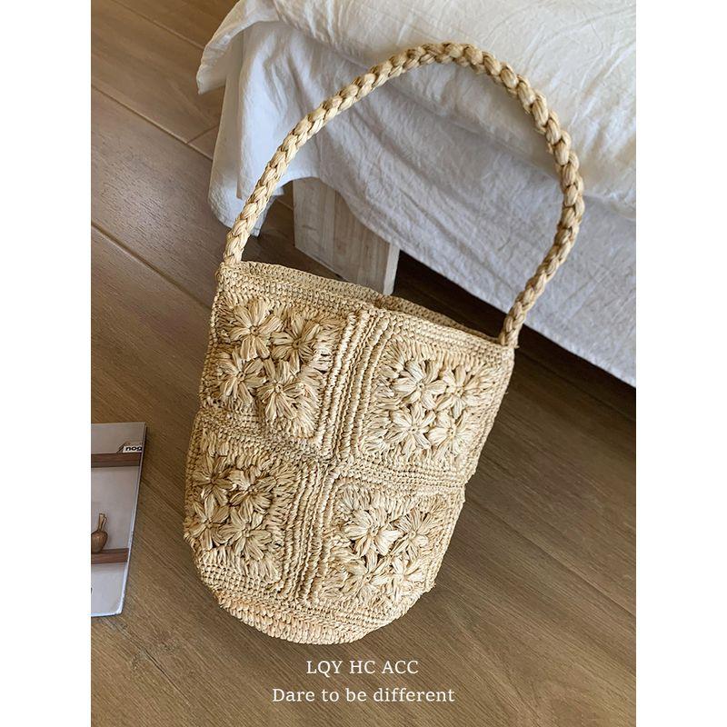 

Li Qiaoyou Французский стиль Рафия Ручная работа Плетеная сумка-ведро с цветами Женская Приморский отпуск Сумка на плечо Primary colors-bucket bag